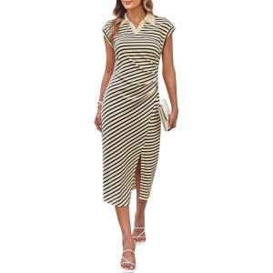 imageGRACE KARIN Womens Casual Summer Dresses Striped Polo V Neck Cap Sleeve Side Slit Ruched Bodycon Stretch Midi DressesWhite