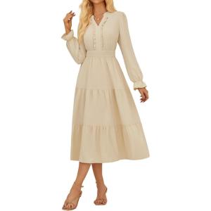 imageGRACE KARIN Womens Casual V Neck Lantern Long Sleeve Ruffle Smocked Waist Tiered Midi A Line Dress with PocketsApricot