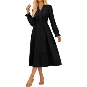 imageGRACE KARIN Womens Casual V Neck Lantern Long Sleeve Ruffle Smocked Waist Tiered Midi A Line Dress with PocketsBlack