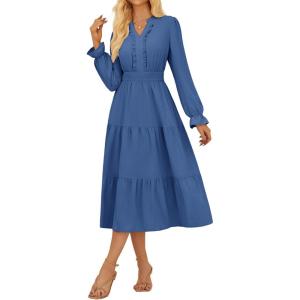 imageGRACE KARIN Womens Casual V Neck Lantern Long Sleeve Ruffle Smocked Waist Tiered Midi A Line Dress with PocketsLake Blue