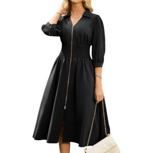 imageGRACE KARIN Womens Fall Casual Dress 2025 Collared V Neck 34 Sleeve Zipper Front Midi Work Dress with PocketsBlack