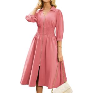 imageGRACE KARIN Womens Fall Casual Dress 2025 Collared V Neck 34 Sleeve Zipper Front Midi Work Dress with PocketsDark Pink