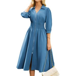 imageGRACE KARIN Womens Fall Casual Dress 2025 Collared V Neck 34 Sleeve Zipper Front Midi Work Dress with PocketsGray Blue