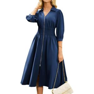 imageGRACE KARIN Womens Fall Casual Dress 2025 Collared V Neck 34 Sleeve Zipper Front Midi Work Dress with PocketsNavy Blue