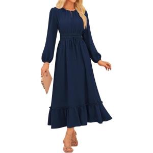 imageGRACE KARIN Womens Fall Dresses 2025 Long Sleeve Casual Maxi Boho Long Dress High Waisted ALine Ruffle Dress Elegant ClassyNavy Blue