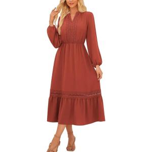 imageGRACE KARIN Womens Fall Dresses Lace V Neck Long Sleeve Tiered Flowy Maxi Dress Going Out Casual Dresses with PocketsRust Red