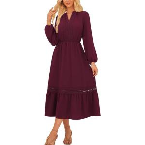 imageGRACE KARIN Womens Fall Dresses Lace V Neck Long Sleeve Tiered Flowy Maxi Dress Going Out Casual Dresses with PocketsWine Red