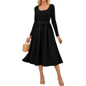 imageGRACE KARIN Womens Fall Long Sleeve Midi Dress 2025 Casual Square Neck Knit Belted A Line Flowy Elegant Going Out DressesBlack