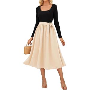 imageGRACE KARIN Womens Fall Long Sleeve Midi Dress 2025 Casual Square Neck Knit Belted A Line Flowy Elegant Going Out DressesBlack Apricot
