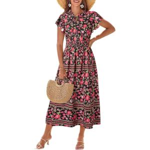 imageGRACE KARIN Womens Floral Boho Dress Hawaiian Dresse Short Sleeve V Neck Summer Beach Wedding Guest Swing Maxi SundressBlack With Red Flower