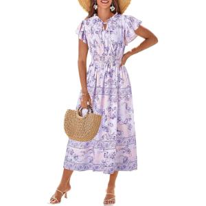 imageGRACE KARIN Womens Floral Boho Dress Hawaiian Dresse Short Sleeve V Neck Summer Beach Wedding Guest Swing Maxi SundressPurple Flowers