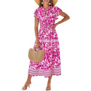 imageGRACE KARIN Womens Floral Boho Dress Hawaiian Dresse Short Sleeve V Neck Summer Beach Wedding Guest Swing Maxi SundressRose Pink With White Flowers
