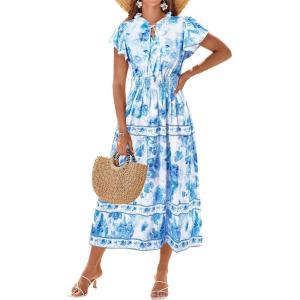 imageGRACE KARIN Womens Floral Boho Dress Hawaiian Dresse Short Sleeve V Neck Summer Beach Wedding Guest Swing Maxi SundressWhite Blue Blooming Flowers