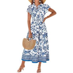 imageGRACE KARIN Womens Floral Boho Dress Hawaiian Dresse Short Sleeve V Neck Summer Beach Wedding Guest Swing Maxi SundressWhite With Deep Blue Flower