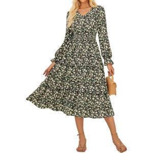 imageGRACE KARIN Womens Floral Maxi Dress 2025 Fall Long Sleeve Flowy V Neck A Line Dress Smocked Long Dresses with PocketsBlack Green Yellow Floral