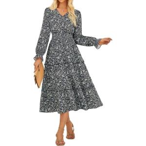 imageGRACE KARIN Womens Floral Maxi Dress 2025 Fall Long Sleeve Flowy V Neck A Line Dress Smocked Long Dresses with PocketsBlack and Blue Floral