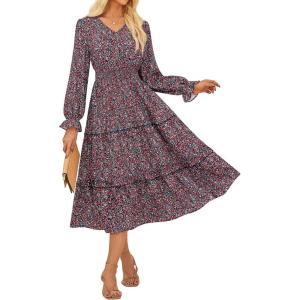 imageGRACE KARIN Womens Floral Maxi Dress 2025 Fall Long Sleeve Flowy V Neck A Line Dress Smocked Long Dresses with PocketsBlack and Red Floral