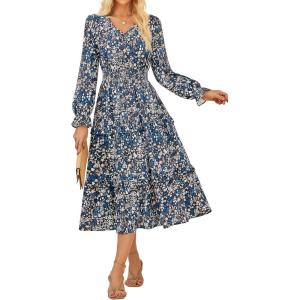 imageGRACE KARIN Womens Floral Maxi Dress 2025 Fall Long Sleeve Flowy V Neck A Line Dress Smocked Long Dresses with PocketsNavy Blue and White Floral