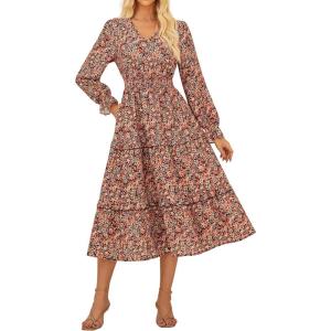 imageGRACE KARIN Womens Floral Maxi Dress 2025 Fall Long Sleeve Flowy V Neck A Line Dress Smocked Long Dresses with PocketsOrange and Yellow Floral