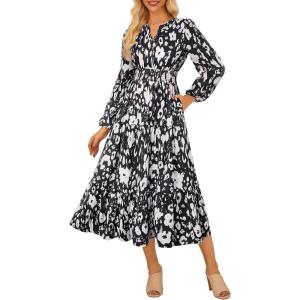 imageGRACE KARIN Womens Floral Maxi Dress Long Sleeve V Neck Casual A Line Spring Fall Winter Flowy Tiered Dresses with PocketsBlack