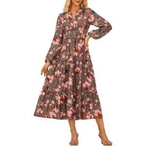 imageGRACE KARIN Womens Floral Maxi Dress Long Sleeve V Neck Casual A Line Spring Fall Winter Flowy Tiered Dresses with PocketsGreen Orange