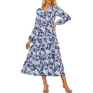 imageGRACE KARIN Womens Floral Maxi Dress Long Sleeve V Neck Casual A Line Spring Fall Winter Flowy Tiered Dresses with PocketsNavy