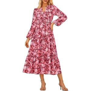 imageGRACE KARIN Womens Floral Maxi Dress Long Sleeve V Neck Casual A Line Spring Fall Winter Flowy Tiered Dresses with PocketsRed Pink