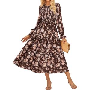 imageGRACE KARIN Womens Floral Midi Dress 2025 Long Sleeve Fall Elegant Smocked Tiered Flowy Wedding Guest Dresses with PocketsBrown White