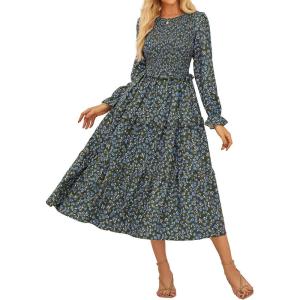 imageGRACE KARIN Womens Floral Midi Dress 2025 Long Sleeve Fall Elegant Smocked Tiered Flowy Wedding Guest Dresses with PocketsDark Green Blue