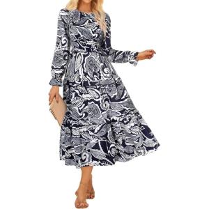imageGRACE KARIN Womens Floral Midi Dress 2025 Long Sleeve Fall Elegant Smocked Tiered Flowy Wedding Guest Dresses with PocketsNavy Blue