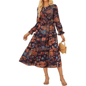 imageGRACE KARIN Womens Floral Midi Dress 2025 Long Sleeve Fall Elegant Smocked Tiered Flowy Wedding Guest Dresses with PocketsNavy Blue Brown
