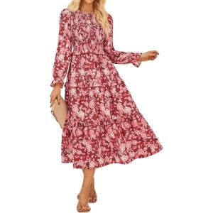 imageGRACE KARIN Womens Floral Midi Dress 2025 Long Sleeve Fall Elegant Smocked Tiered Flowy Wedding Guest Dresses with PocketsPink Red