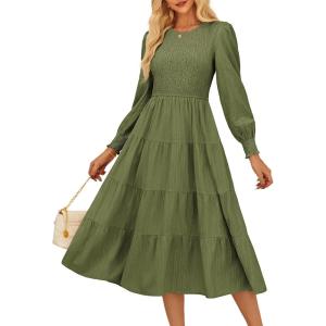 imageGRACE KARIN Womens Long Sleeve Dress 2025 Fall Smocked Tiered A Line Casual Work Midi Flowy Church Dresses PocketsArmy Green