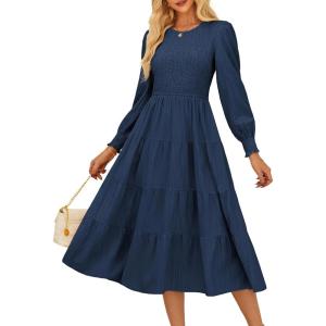 imageGRACE KARIN Womens Long Sleeve Dress 2025 Fall Smocked Tiered A Line Casual Work Midi Flowy Church Dresses PocketsDark Blue