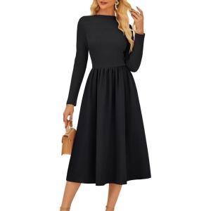 imageGRACE KARIN Womens Long Sleeve Fall Dress 2025 Mock Neck Midi Patchwork Dress Casual Wedding Guest Flowy Dresses PocketsBlack