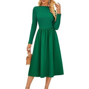 imageGRACE KARIN Womens Long Sleeve Fall Dress 2025 Mock Neck Midi Patchwork Dress Casual Wedding Guest Flowy Dresses PocketsGreen