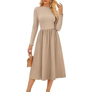 imageGRACE KARIN Womens Long Sleeve Fall Dress 2025 Mock Neck Midi Patchwork Dress Casual Wedding Guest Flowy Dresses PocketsKhaki