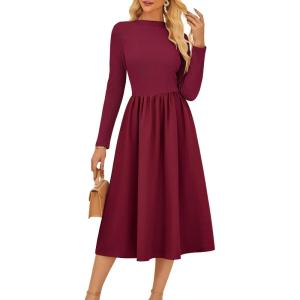 imageGRACE KARIN Womens Long Sleeve Fall Dress 2025 Mock Neck Midi Patchwork Dress Casual Wedding Guest Flowy Dresses PocketsWine Red