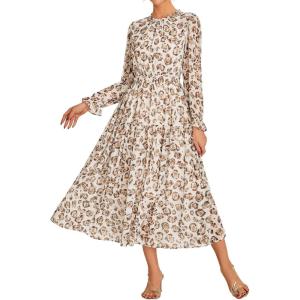imageGRACE KARIN Womens Long Sleeve Maxi Dress Fall 2025 Chiffon Flowy Wedding Guest Dresses Floral Tiered Dress with PocketsBeige and Leopard