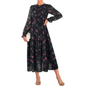 imageGRACE KARIN Womens Long Sleeve Maxi Dress Fall 2025 Chiffon Flowy Wedding Guest Dresses Floral Tiered Dress with PocketsBlack Flower