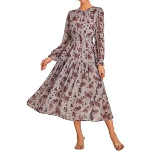 imageGRACE KARIN Womens Long Sleeve Maxi Dress Fall 2025 Chiffon Flowy Wedding Guest Dresses Floral Tiered Dress with PocketsDark Khaki and Flower