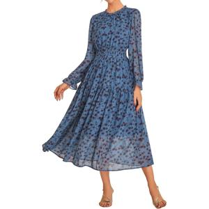 imageGRACE KARIN Womens Long Sleeve Maxi Dress Fall 2025 Chiffon Flowy Wedding Guest Dresses Floral Tiered Dress with PocketsPeacock Blue and Floral