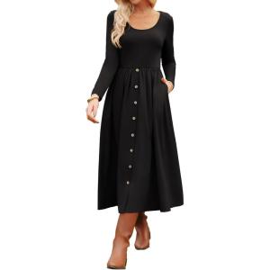 imageGRACE KARIN Womens Long Sleeve Midi Dress 2025 Fall Casual Crewneck Knit Button Flowy A Line Dresses with PocketsBlack