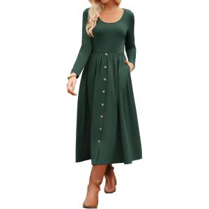 imageGRACE KARIN Womens Long Sleeve Midi Dress 2025 Fall Casual Crewneck Knit Button Flowy A Line Dresses with PocketsDark Green