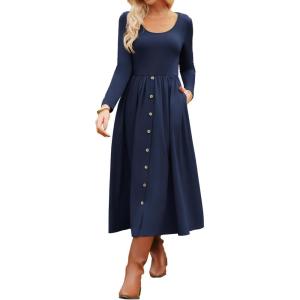 imageGRACE KARIN Womens Long Sleeve Midi Dress 2025 Fall Casual Crewneck Knit Button Flowy A Line Dresses with PocketsNavy Blue
