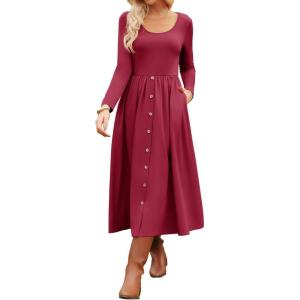 imageGRACE KARIN Womens Long Sleeve Midi Dress 2025 Fall Casual Crewneck Knit Button Flowy A Line Dresses with PocketsWine Red