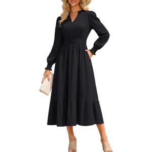 imageGRACE KARIN Womens Puff Long Sleeve V Neck Smocked Maxi Dress Tiered Aline Spring Fall Flowy Long Dress with PocketsBlack