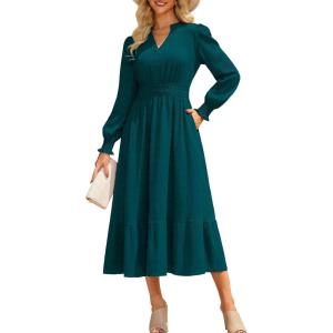 imageGRACE KARIN Womens Puff Long Sleeve V Neck Smocked Maxi Dress Tiered Aline Spring Fall Flowy Long Dress with PocketsBlue Green