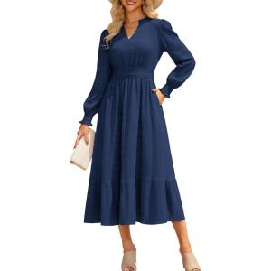 imageGRACE KARIN Womens Puff Long Sleeve V Neck Smocked Maxi Dress Tiered Aline Spring Fall Flowy Long Dress with PocketsNavy