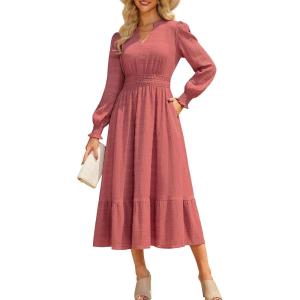 imageGRACE KARIN Womens Puff Long Sleeve V Neck Smocked Maxi Dress Tiered Aline Spring Fall Flowy Long Dress with PocketsPink